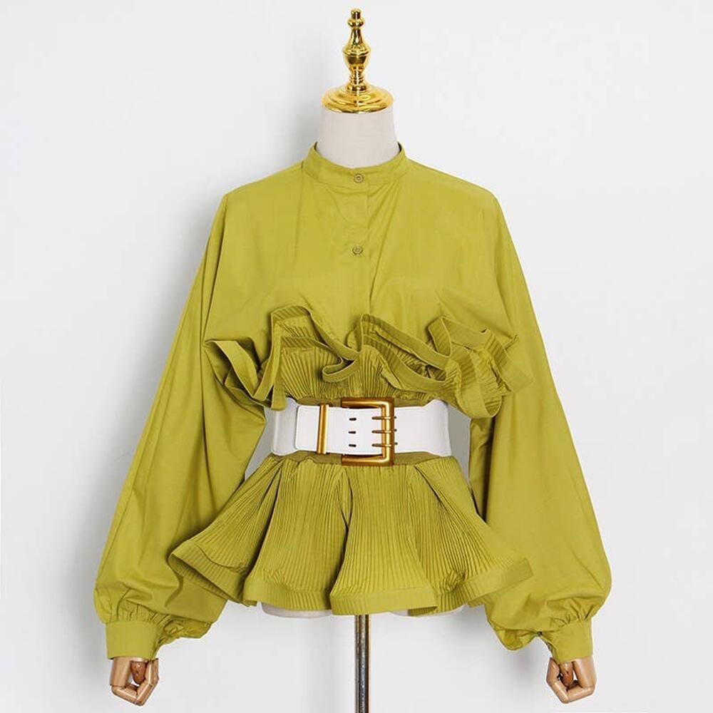 Spring Ruffle Belted Top with Stand Collar - Picture 12 of 14